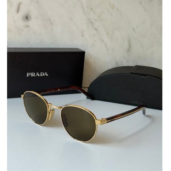 NEW Prada PR B52S Gold Brown Round Metal Sunglasses - Picture 1 of 8